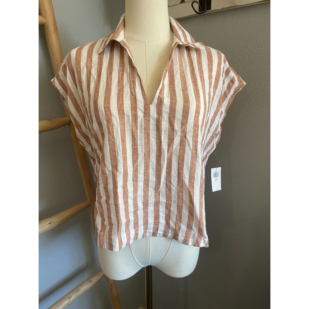 Old Navy Linen-Blend Cropped Popover Shirt Blouse PetiteXS
